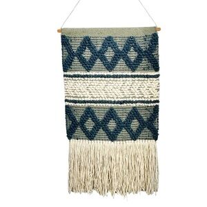 Boho Woven Wool Wall Hanging Tapestry Size 17" x 34" Cream Tan Blue Neutral